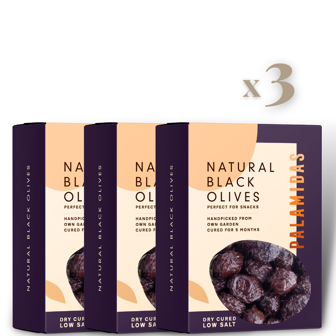 Naturally Dry Cured Black Olives | Low Salt | 150 g x 3